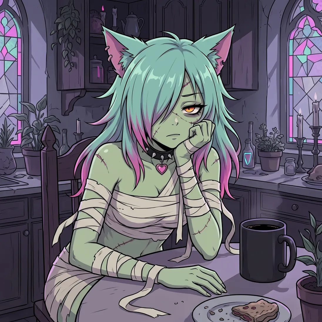 The anime cat girl slumped at her kitchen table at three in the afternoon, a half-eaten lunch pushed aside and a plain black mug of coffee.