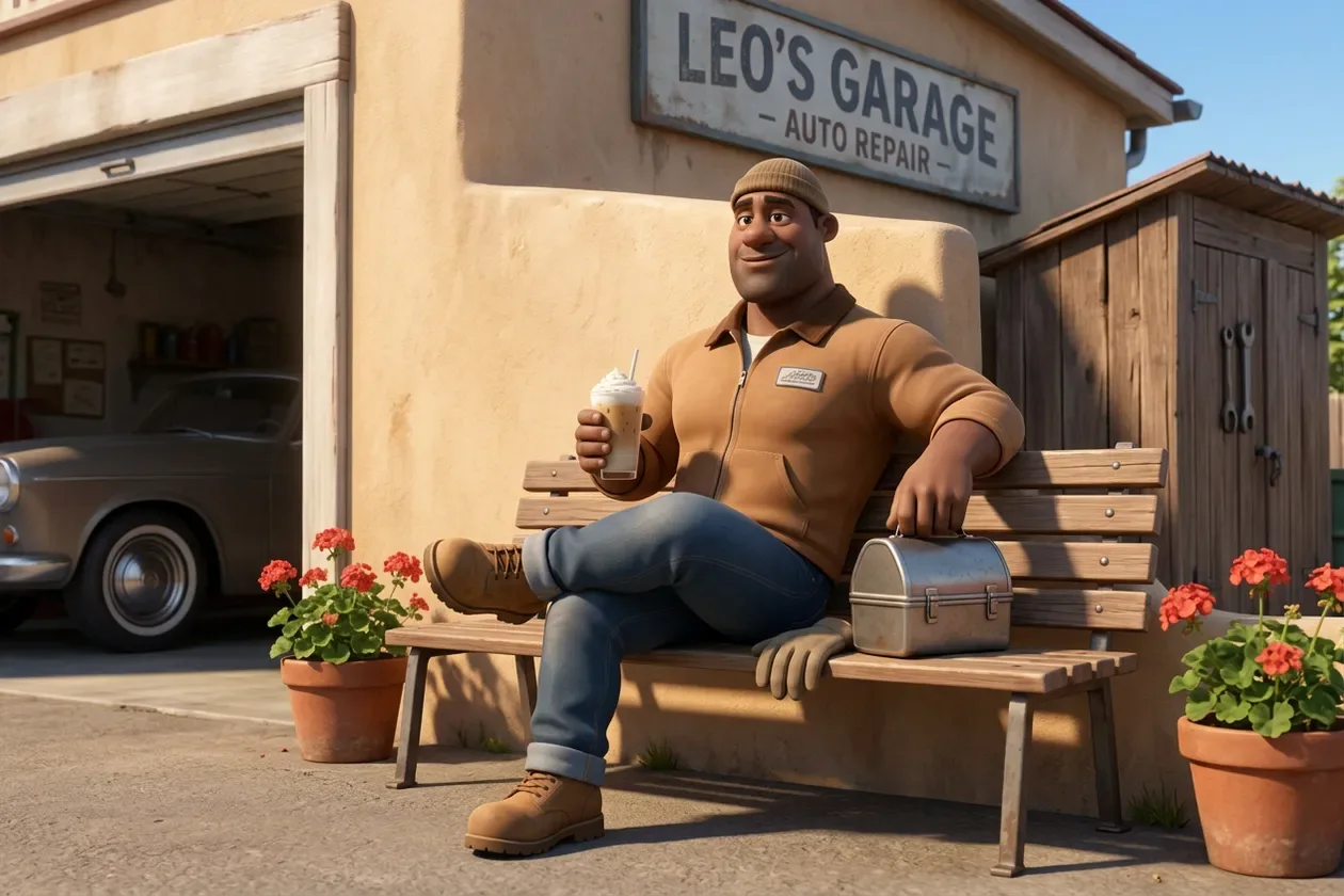 Mechanic relaxed on his lunch break in the sun with an iced RYZE latte