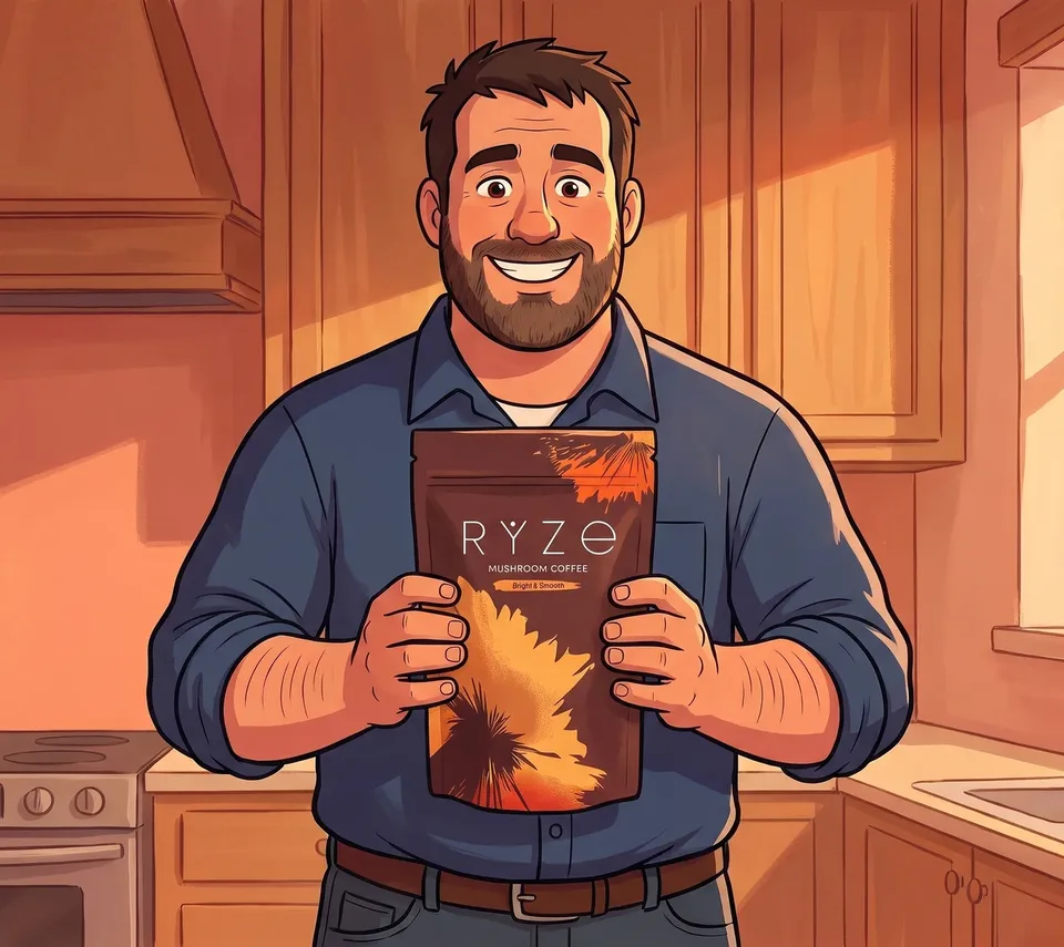 The animated bearded foreman holding the brown RYZE pouch up at chest height in his kitchen, grinning.