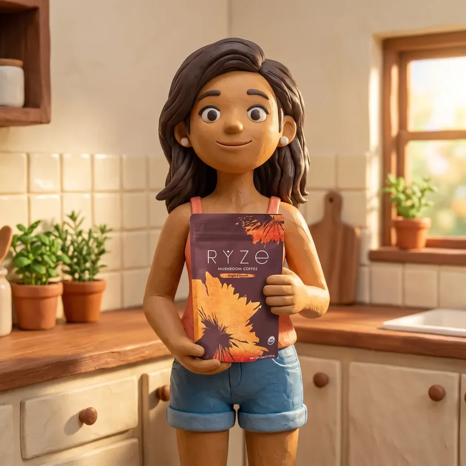 The claymation woman holding the whole brown RYZE Mushroom Coffee pouch at chest height with a warm smile.