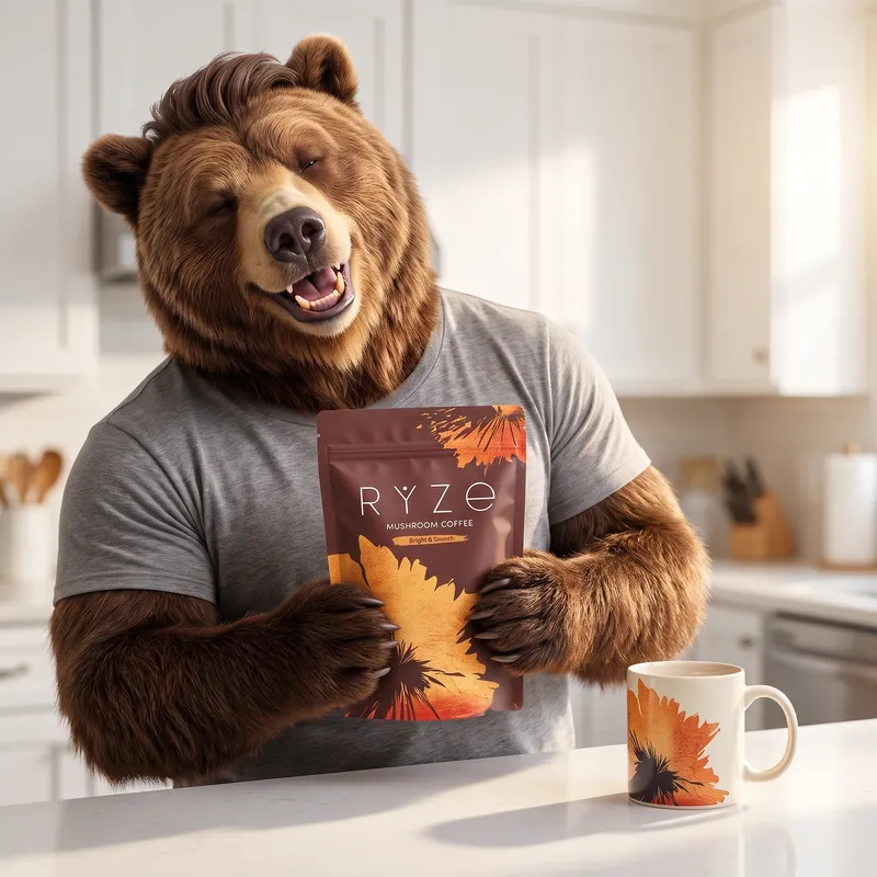 The bear character holding a bag of RYZE Mushroom Coffee in his kitchen, grinning