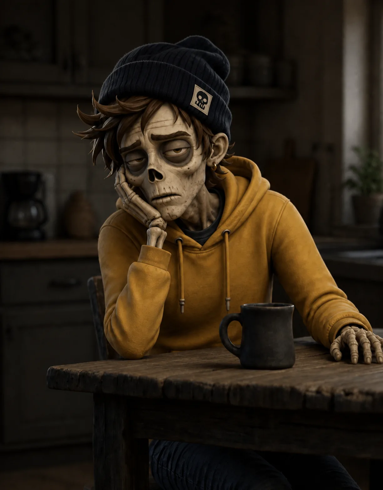A skeleton character slumped at a dark kitchen table with a cold mug of coffee