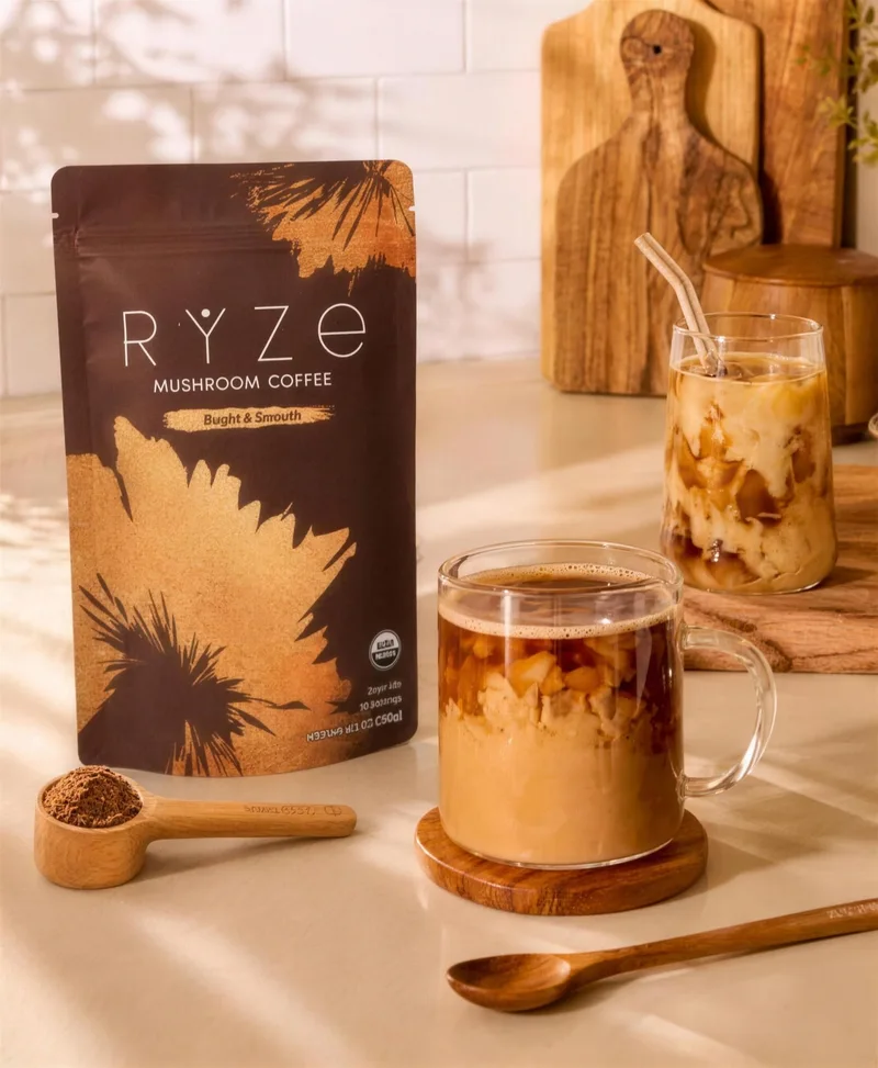 RYZE Mushroom Coffee pouch beside a hot mug and an iced coffee on a kitchen counter