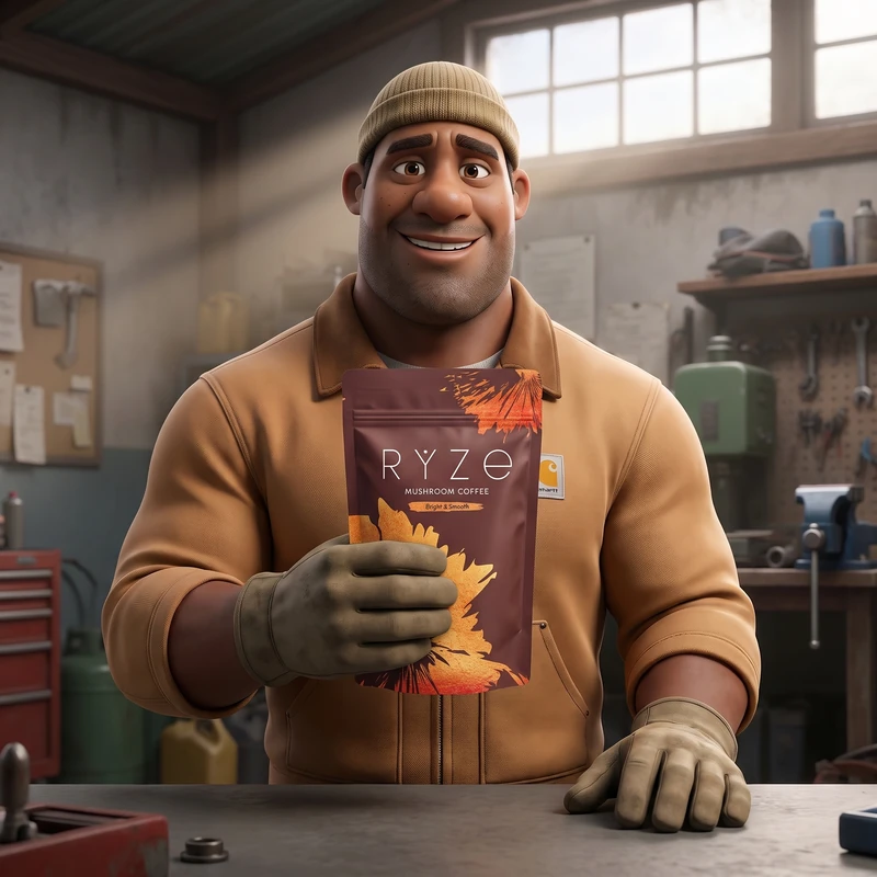 Animated character holding a bag of RYZE mushroom coffee