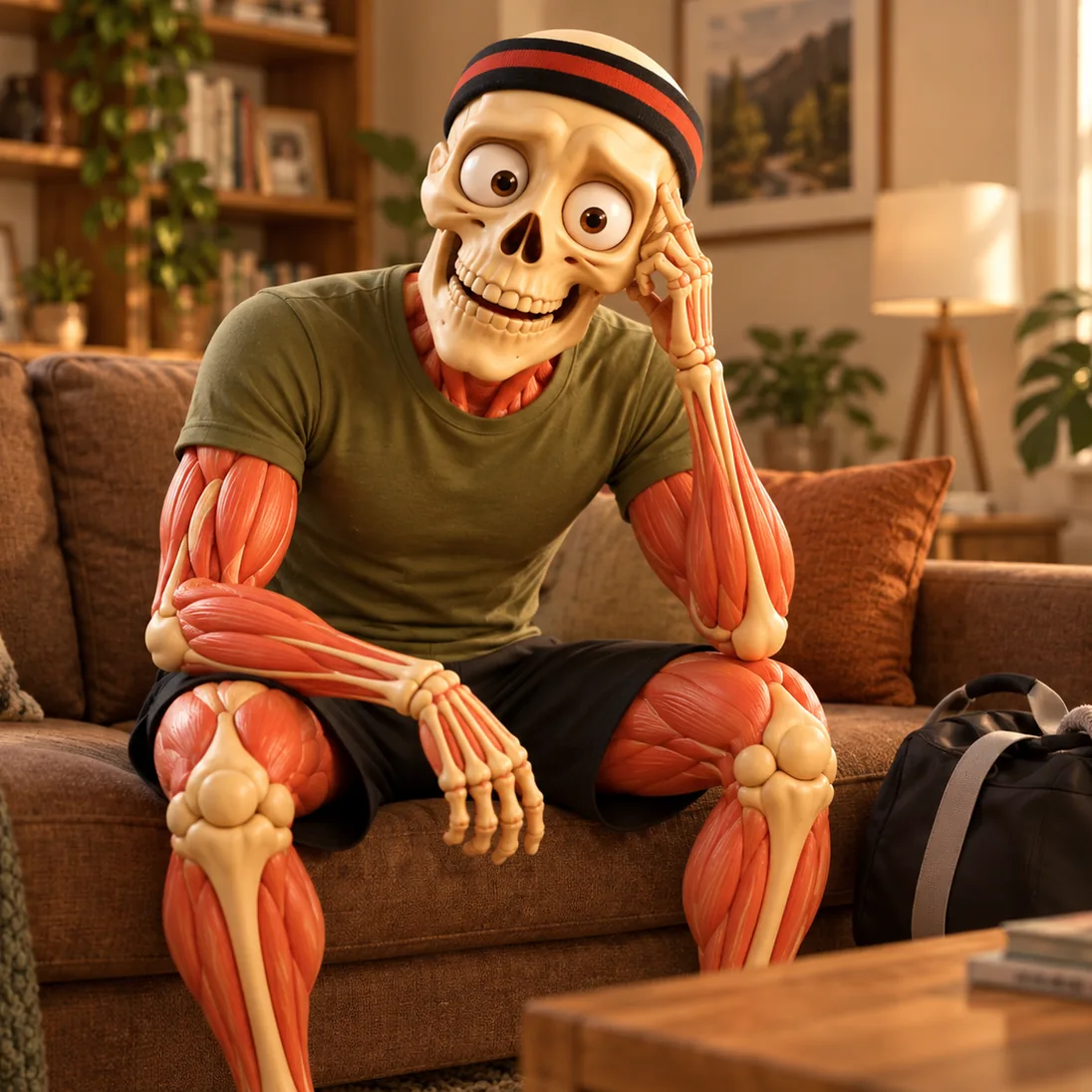 Friendly sporty skeleton in a red-and-black headband and olive T-shirt slumped on the couch with both hands visible.