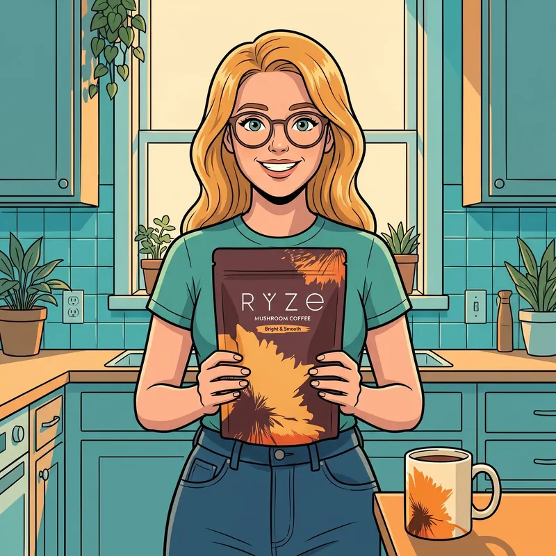 The woman from the ad holding the brown RYZE Mushroom Coffee pouch at chest height in her bright kitchen, smiling.
