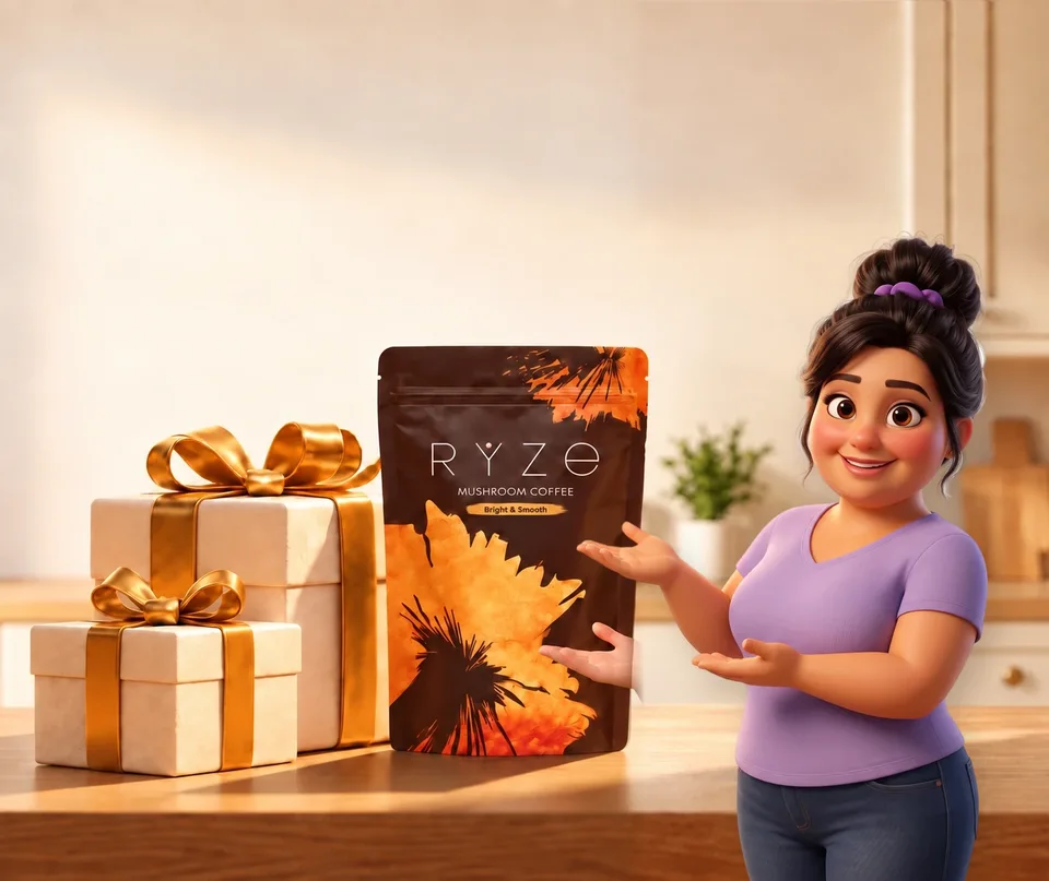 UP TO 40% OFF + FREE GIFTS. RYZE coffee and two wrapped gifts on a kitchen counter with the animated mom presenting them in the foreground.