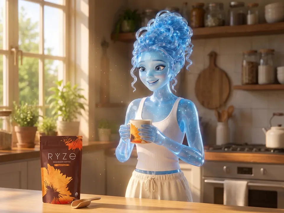 The translucent blue glass woman from the ad holding a steaming RYZE mug at her sunlit counter, the brown RYZE Mushroom Coffee pouch and the wooden RYZE scoop