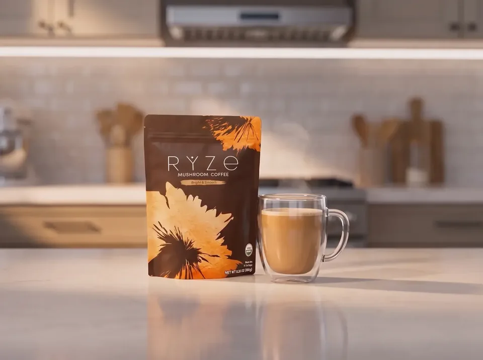 RYZE Mushroom Coffee bag beside a glass mug of prepared coffee on a sunlit kitchen counter