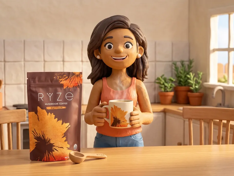 The claymation woman holding the floral RYZE mug at her kitchen counter with the brown RYZE pouch and wooden scoop beside her.