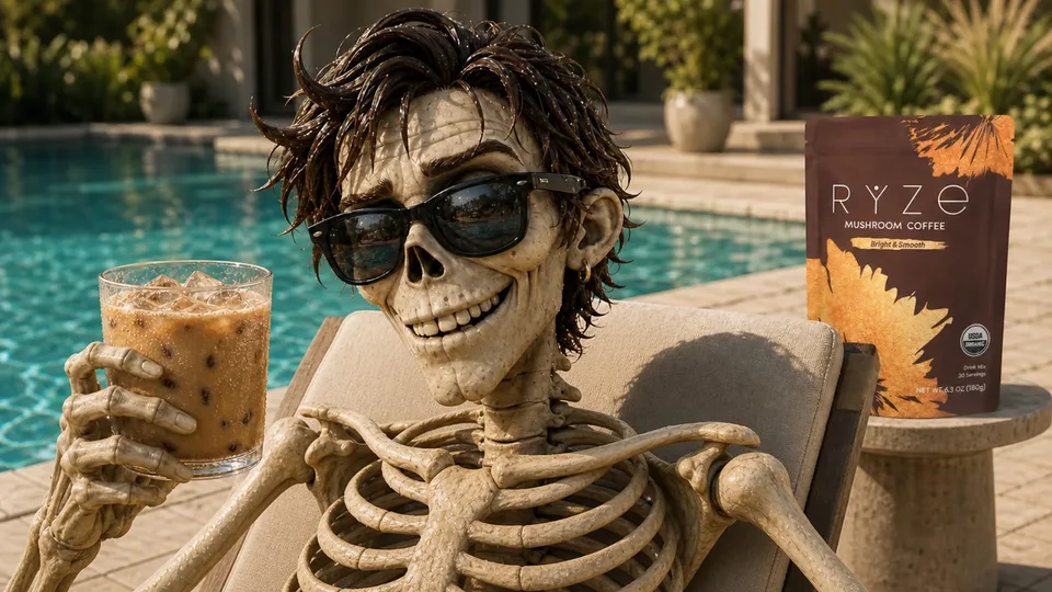 Skeleton character relaxing poolside in sunglasses with an iced RYZE mushroom coffee and the bag