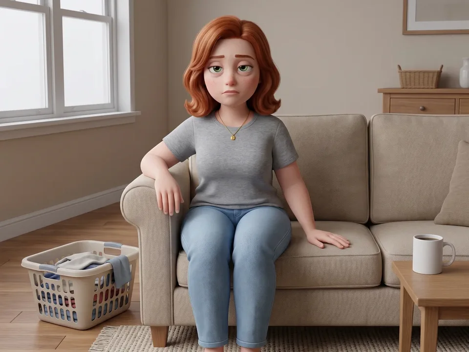 The animated 47-year-old woman sunk into the living-room sofa at two in the afternoon beside a basket of unfolded laundry, drained, a cold cup on the side