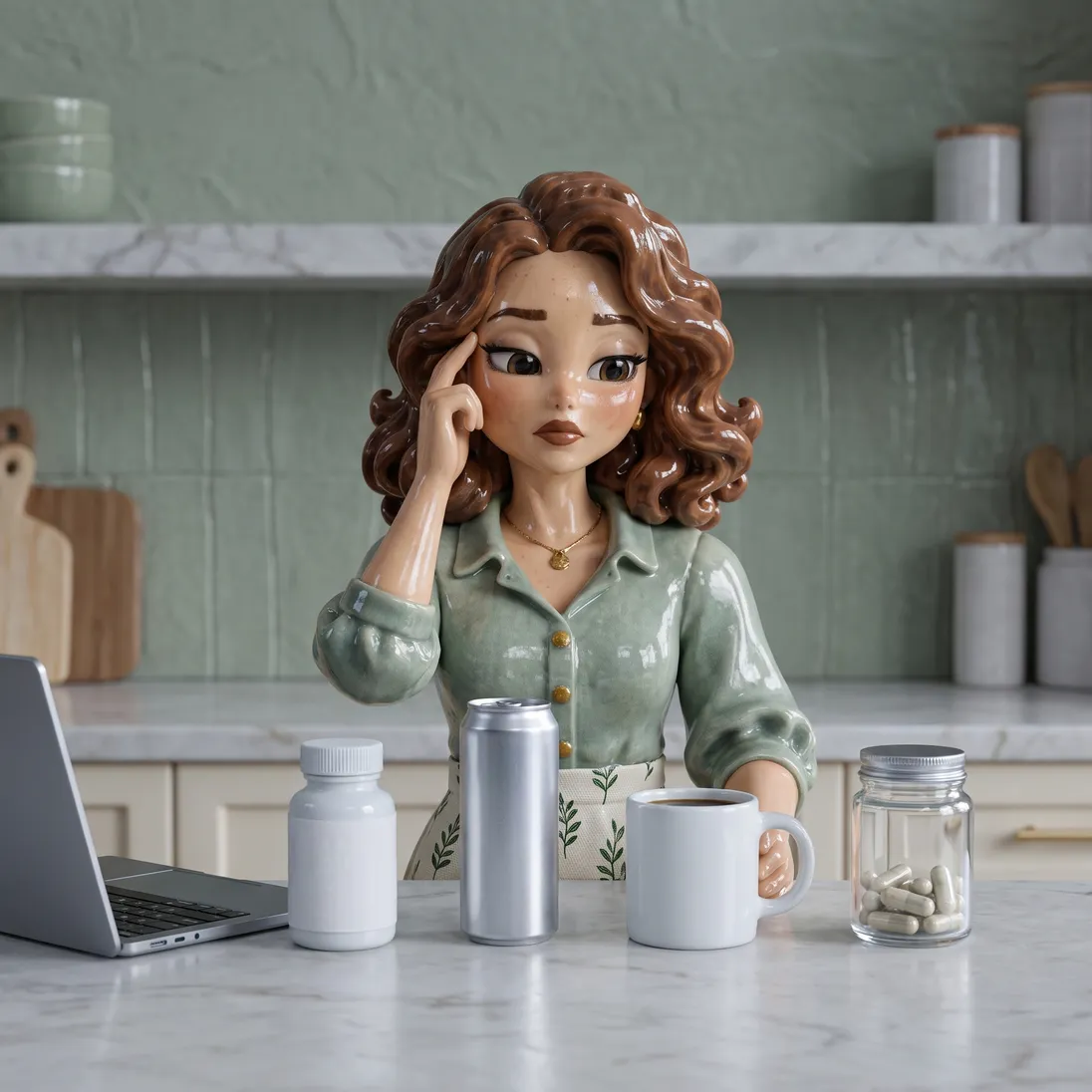 The clay-figurine woman from the ad at her marble island in grey light, a hand at her temple, facing a probiotic bottle, an energy drink, a plain mug and pills.