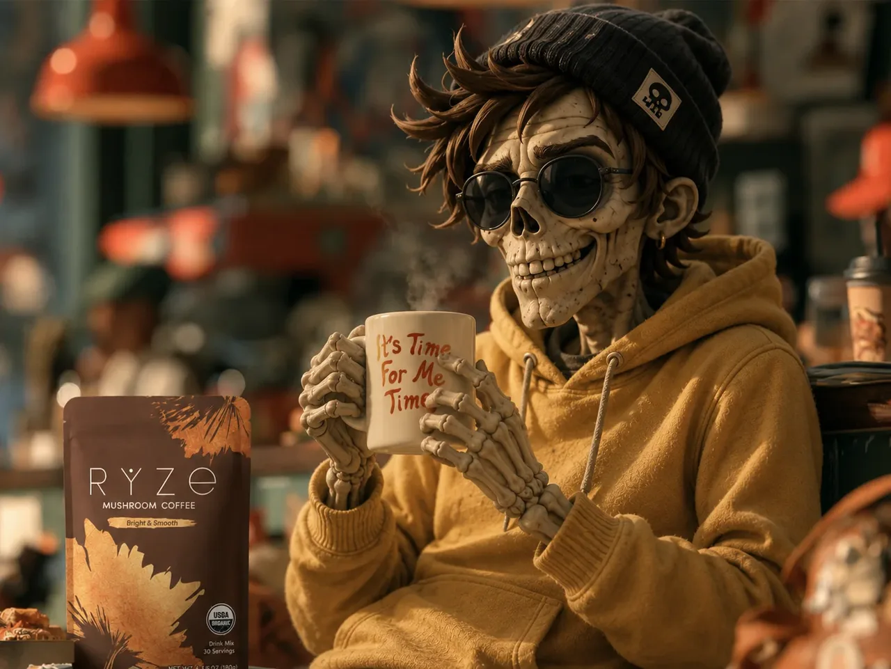 Skeleton character in a yellow hoodie and beanie holding a steaming mug that reads “It's Time For Me Time”, with a RYZE Mushroom Coffee bag in frame