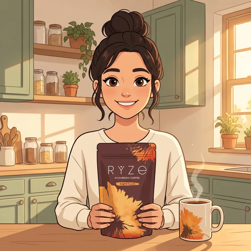 The illustrated woman from the ad in her kitchen holding the brown RYZE Mushroom Coffee pouch at chest height, a RYZE mug on the counter.