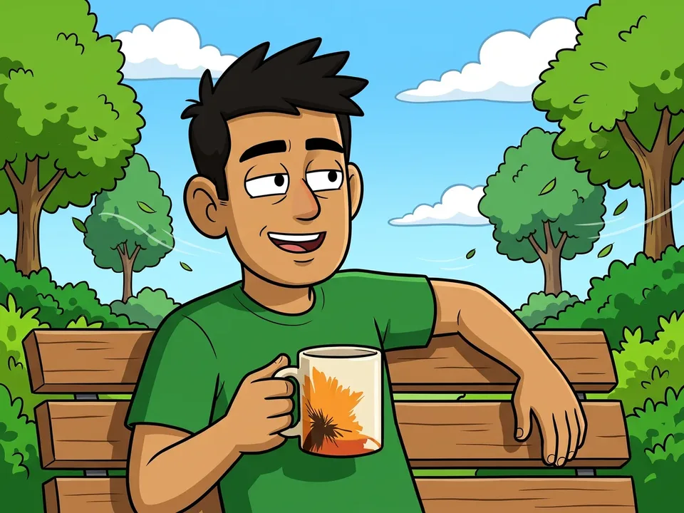 The cartoon man in the green tee relaxed on a sunny park bench with a RYZE mug