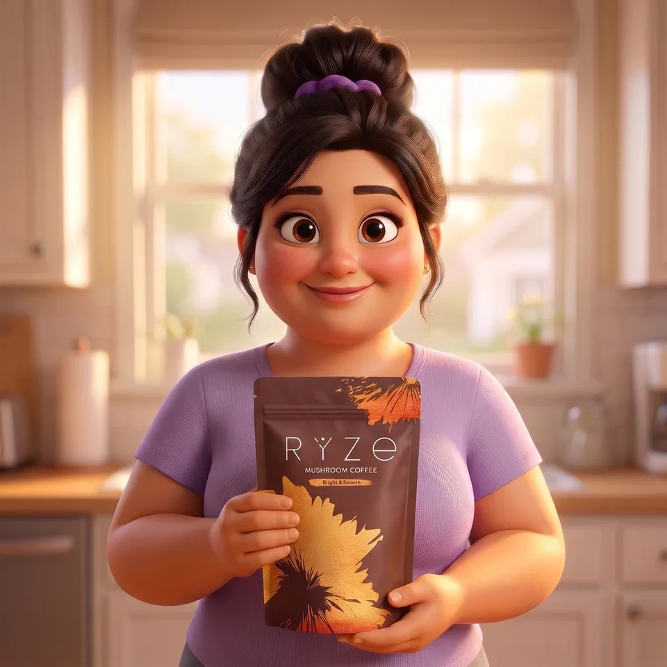 Animated mom of young kids holding the RYZE Mushroom Coffee pouch in her kitchen