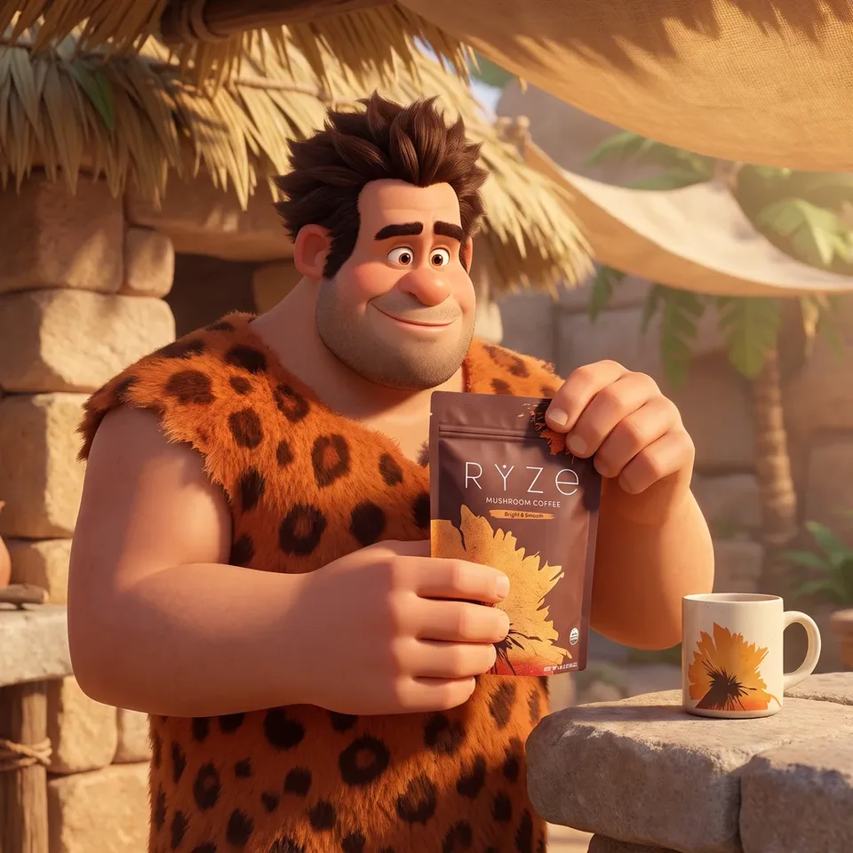 Animated caveman holding the RYZE Mushroom Coffee pouch in his hut