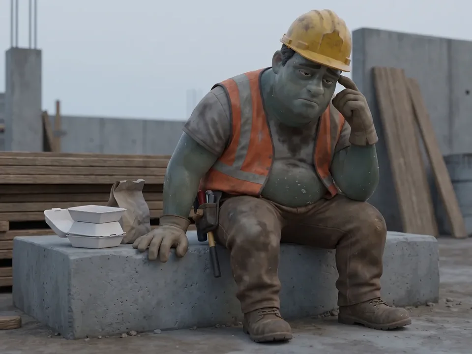 The animated tired construction worker from the ad slumped on a concrete block at two in the afternoon, hand at his temple, empty takeaway boxes beside him.