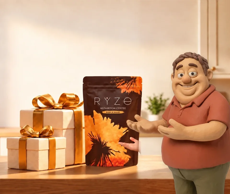 UP TO 40% OFF + FREE GIFTS. RYZE coffee and two wrapped gifts on a kitchen counter with the clay man in the red polo presenting them in the foreground.