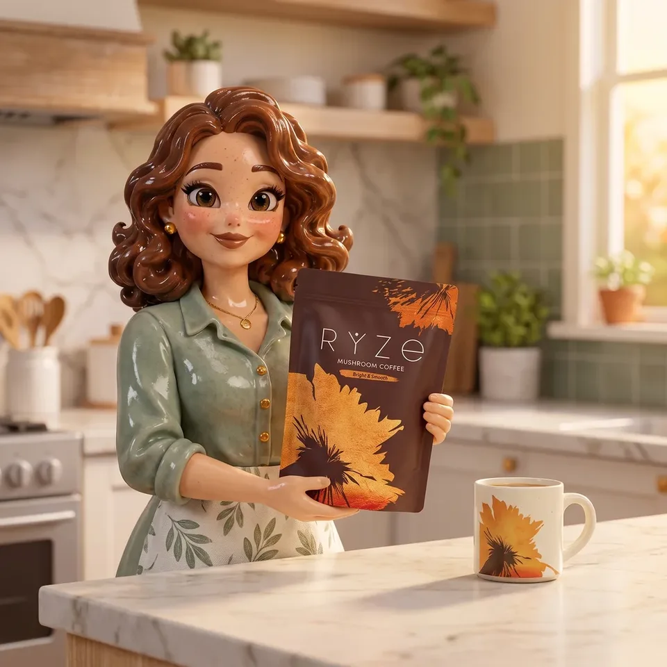 The clay-figurine woman from the ad holding the brown RYZE Mushroom Coffee pouch with both hands at chest height in morning light, a RYZE mug on the counter.