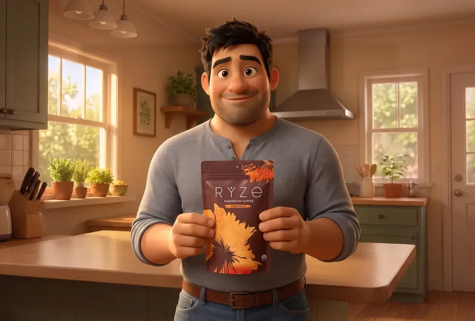 The animated heavyset dad in his kitchen holding the brown RYZE Mushroom Coffee pouch with both hands, smiling.