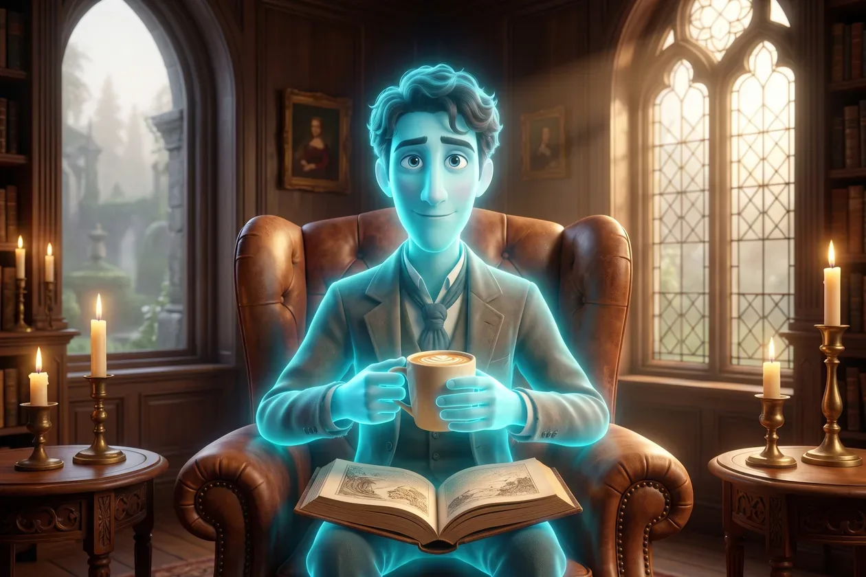 Ghost of a young man calm in an armchair by the window, cradling a mug of RYZE with a book on his knee