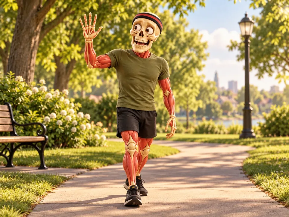 Friendly sporty skeleton in a red-and-black headband, olive T-shirt and black shorts jogging in a sunny park.