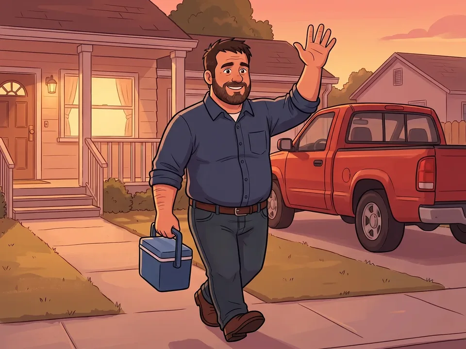 The same foreman walking up his driveway at dusk from his work truck, waving toward the lit porch, still with energy after the shift.