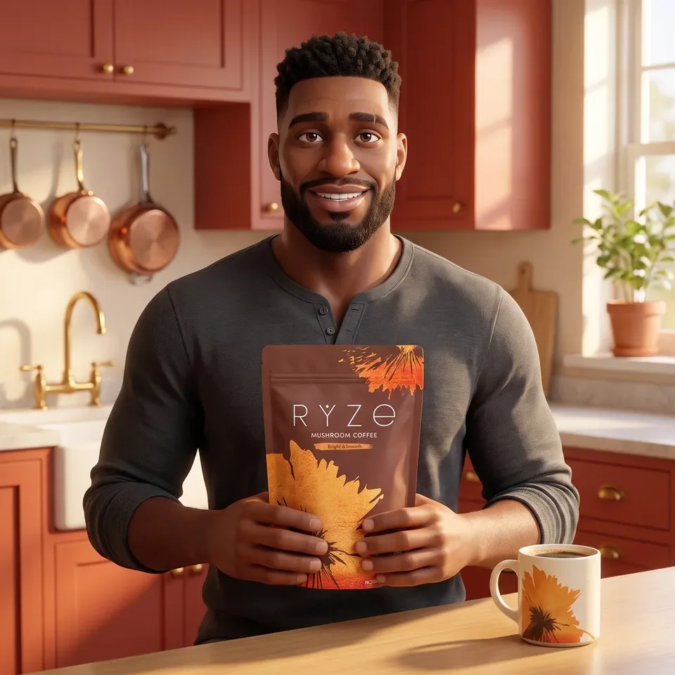 Animated man holding the RYZE Mushroom Coffee pouch with both hands in his kitchen