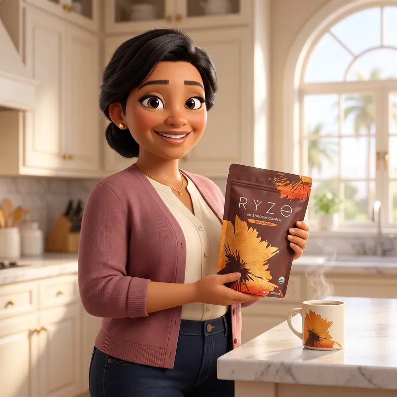 Animated woman holding the brown bag of RYZE Mushroom Coffee in her kitchen, smiling
