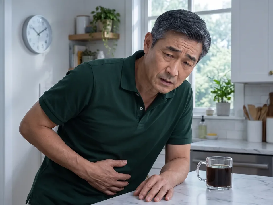 A tired man in a dark-green polo leaning on his kitchen counter mid-morning, hand on his stomach, a plain glass of coffee beside him.