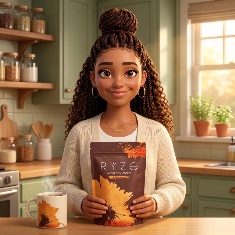 Animated mom holding the brown RYZE Mushroom Coffee pouch at chest height in her sage-green kitchen