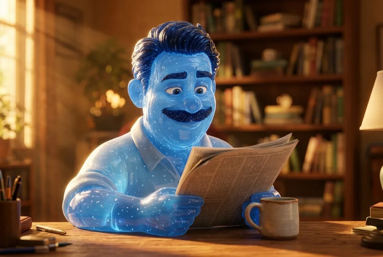 Animated man reading with sharp focus, coffee beside the paper