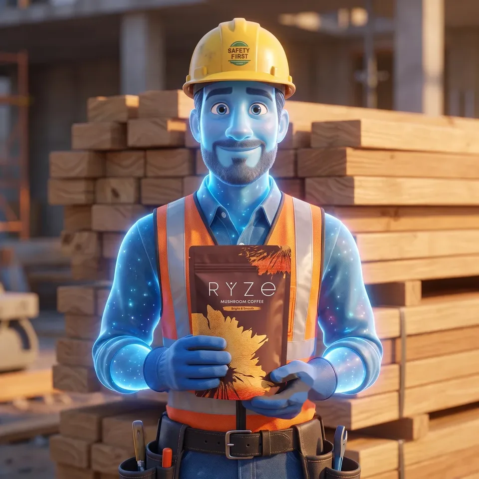 Illustrative animated glowing blue construction worker holding the brown RYZE Mushroom Coffee pouch with both hands in front of stacked lumber