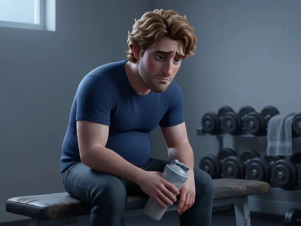 The animated dad in a navy tee slumped on a home-gym bench at dawn between sets, protein shaker in hand, looking down at his belly, grey light.