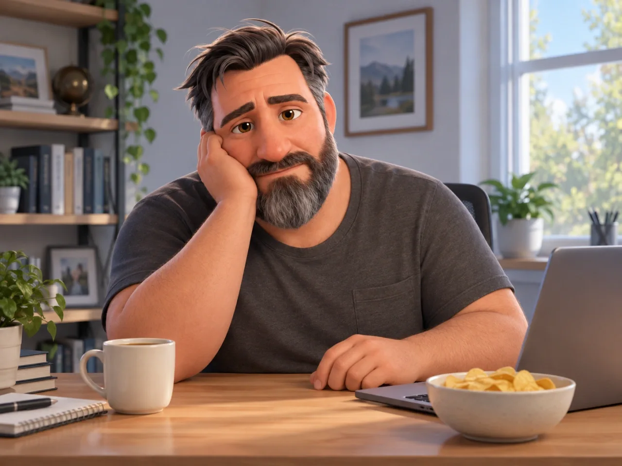 Animated bearded dad feeling tired at his desk beside a laptop, plain coffee mug and bowl of chips.