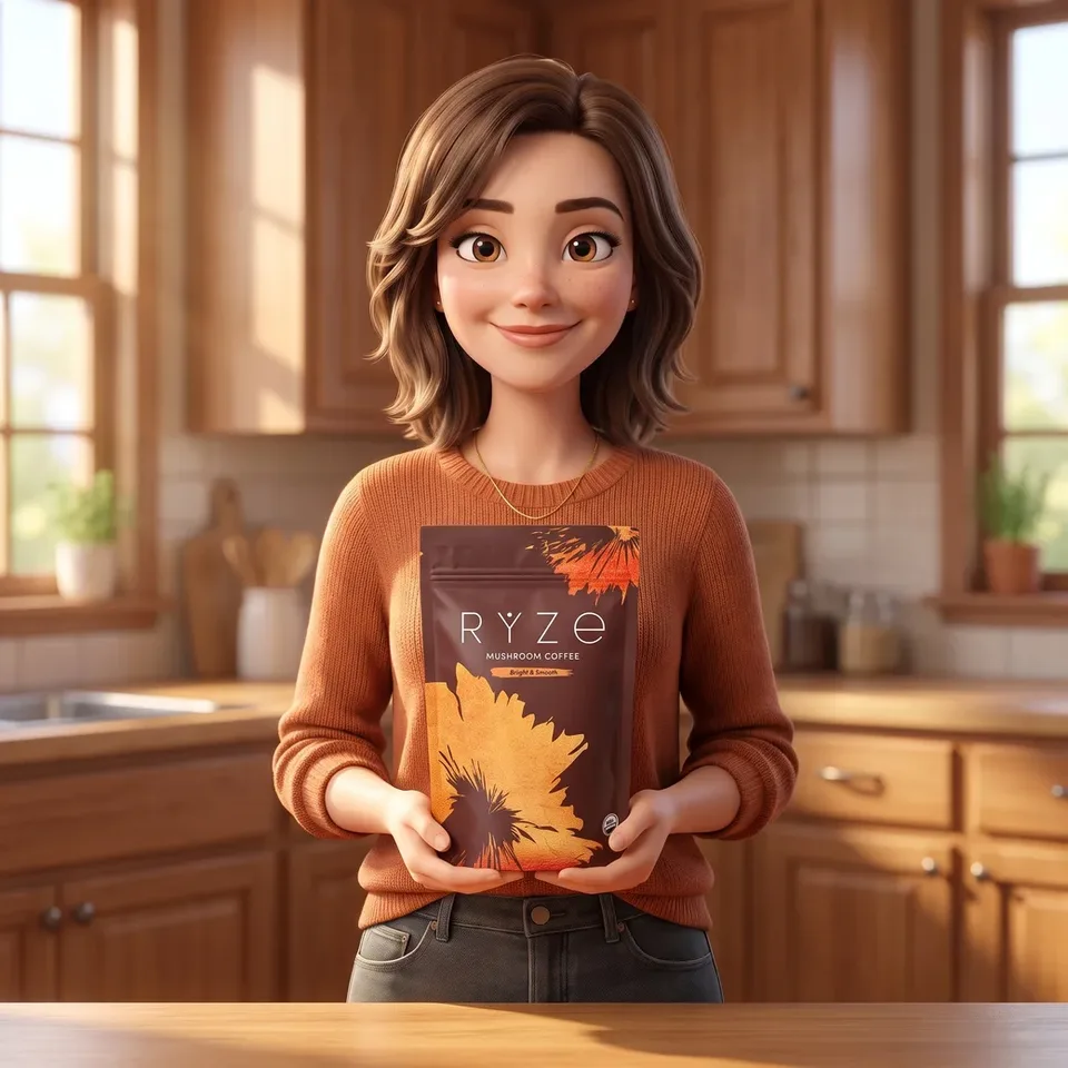 The mom holding up the brown RYZE Mushroom Coffee pouch in her kitchen