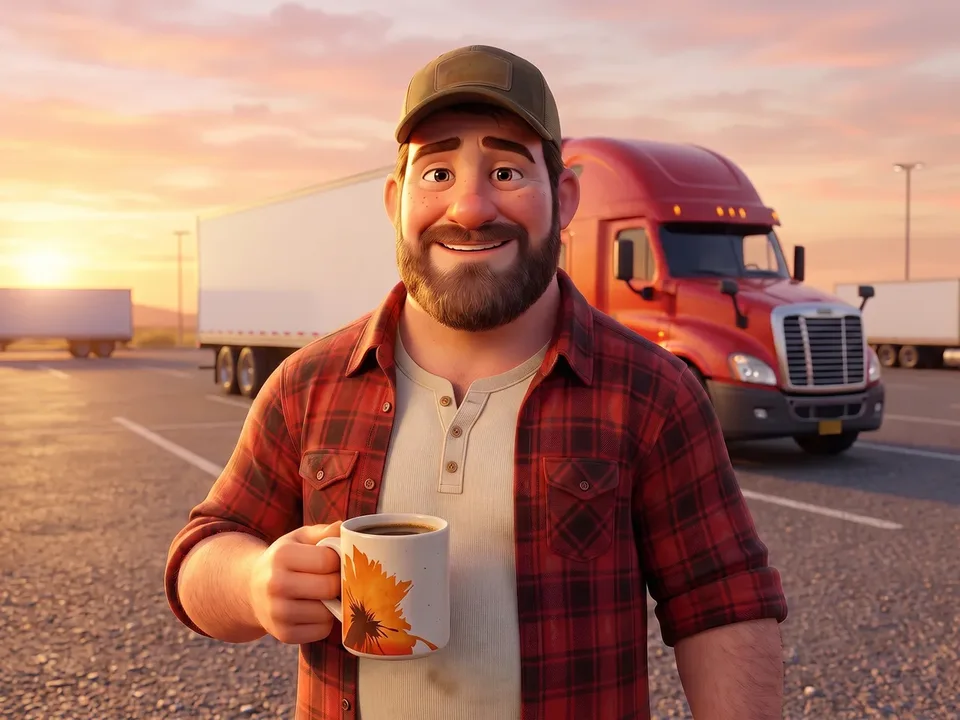 The same trucker relaxed and upright at a canyon overlook at golden hour, leaning on his red semi