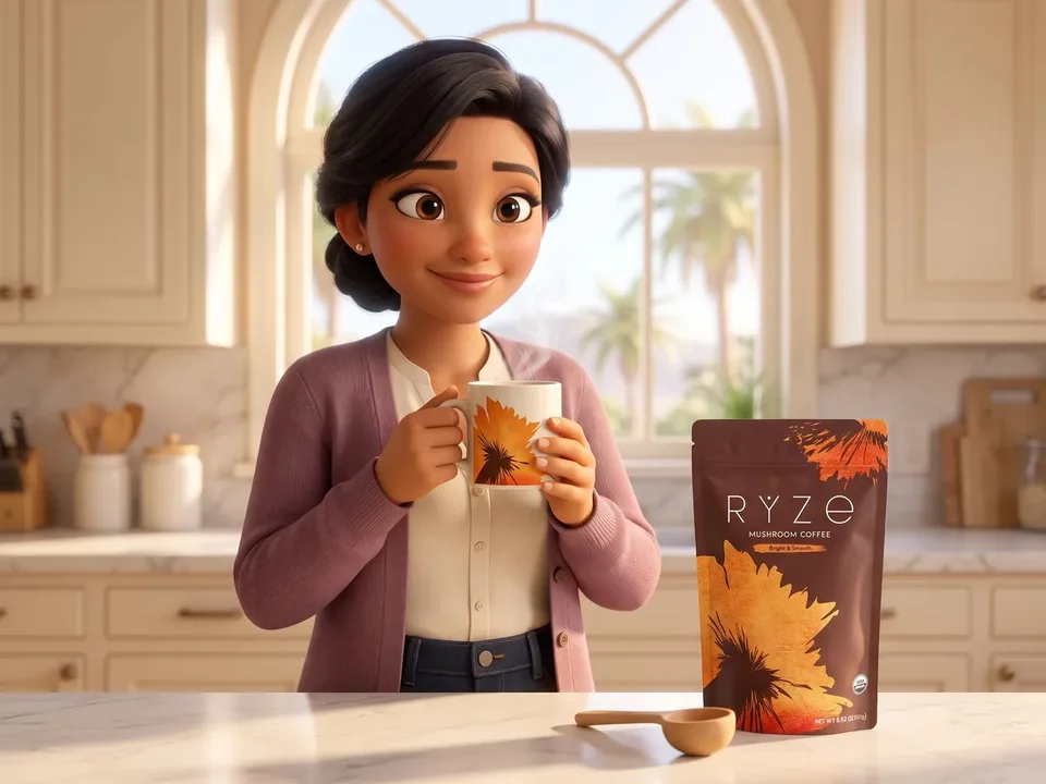 The woman holding her RYZE mug at the kitchen counter beside the brown RYZE Mushroom Coffee pouch and a wooden scoop