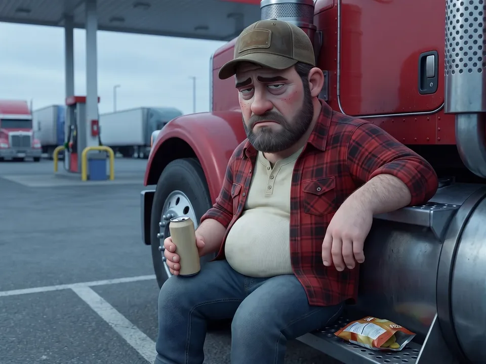 Animated trucker slumped at the wheel at three in the afternoon with an energy drink can and a snack bag on the dash