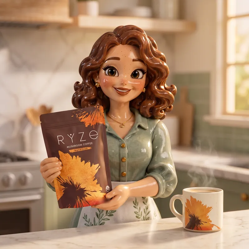 The clay-figurine woman from the ad in her bright marble kitchen holding the brown RYZE Mushroom Coffee pouch at chest height, a RYZE mug steaming beside her.