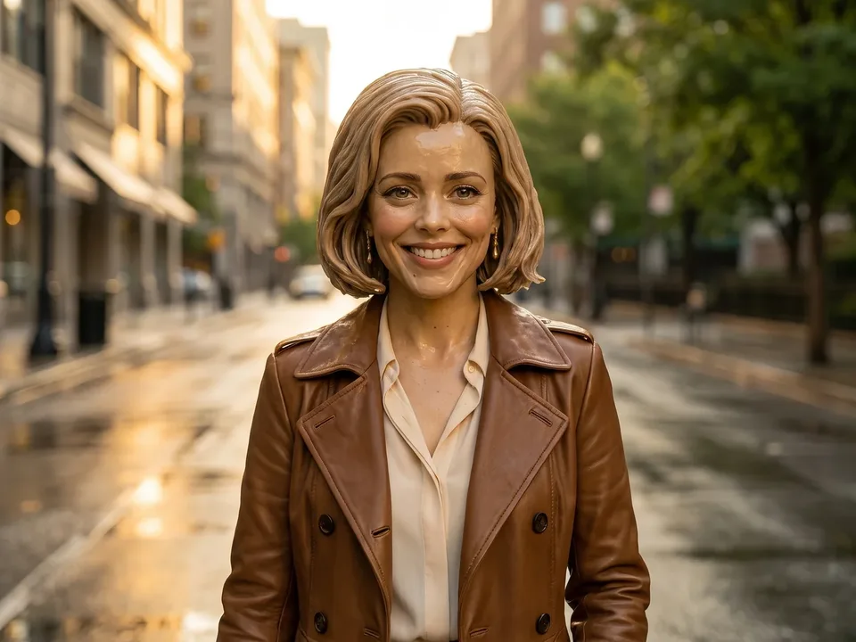 The textured-clay 3D woman from the ad in a brown leather trench walking a bright city street in the morning after rain, smiling.