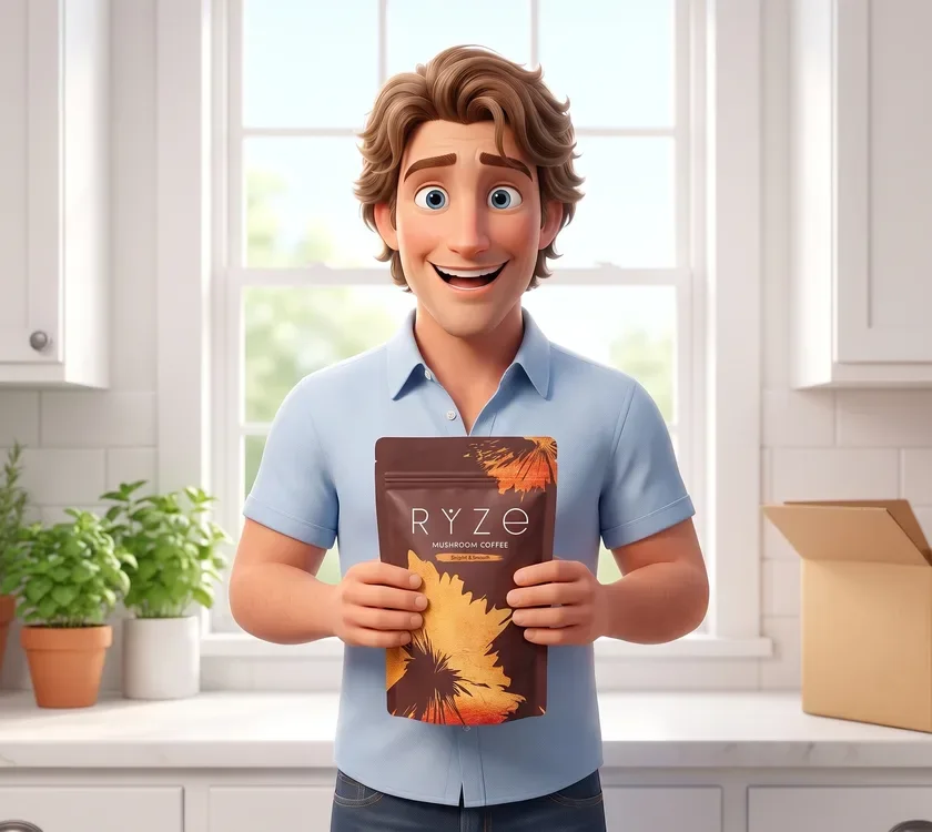 The animated dad holding the brown RYZE pouch up at chest height in his kitchen, smiling, the empty shipping box pushed to the edge of the counter.