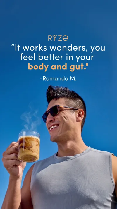 Romando holding a RYZE coffee outdoors: “It works wonders, you feel better in your body and gut.”