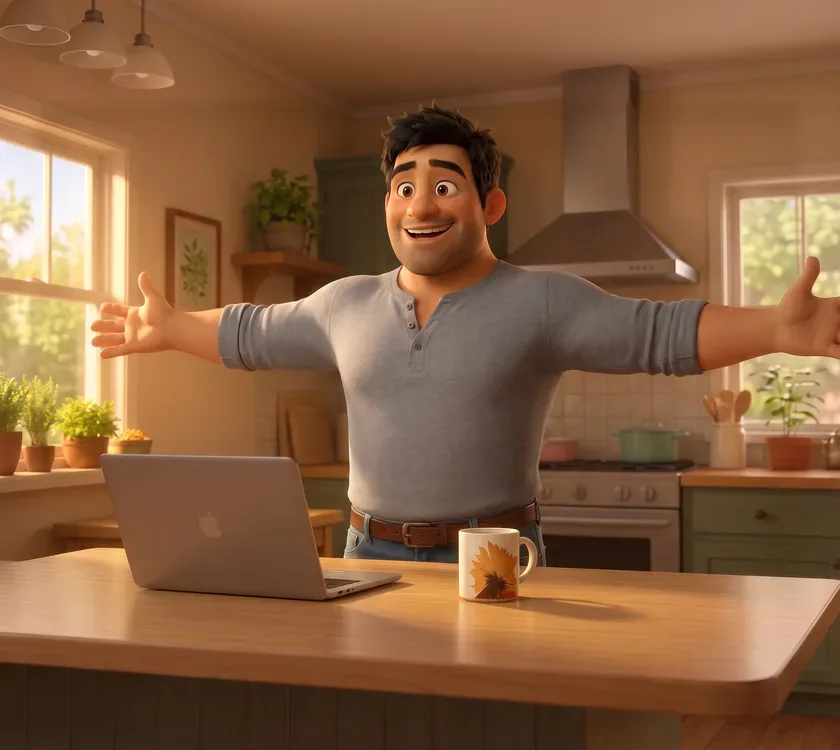 The stocky man standing up from his laptop at three in the afternoon, both arms stretched wide and wide awake, his RYZE mug on the table.