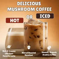 Delicious mushroom coffee, hot or iced — smooth organic Arabica coffee, rich and creamy like your favorite latte, with a hint of roasted hazelnut