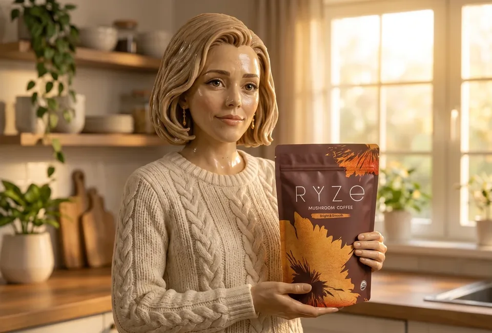The textured-clay 3D woman from the ad in a cream knit holding the brown RYZE Mushroom Coffee pouch with both hands in her sunlit kitchen, smiling.