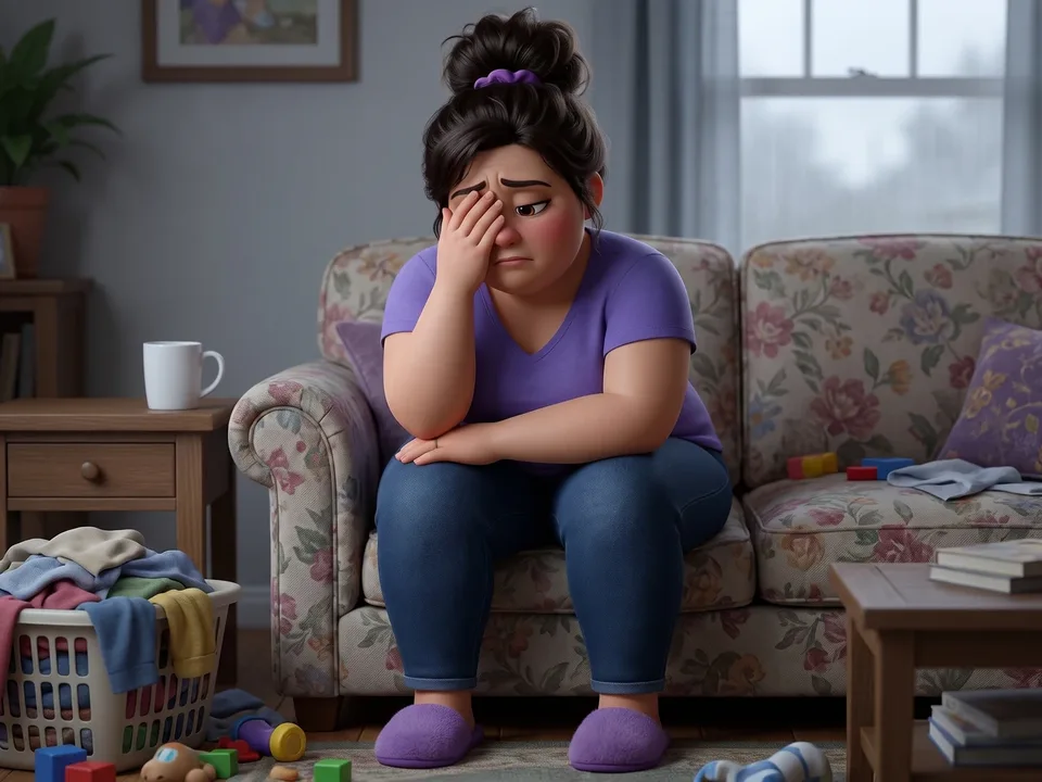 The animated mom sitting upright at the end of her floral sofa in the afternoon, a hand over her eyes, a cold mug on the side table beside the laundry basket
