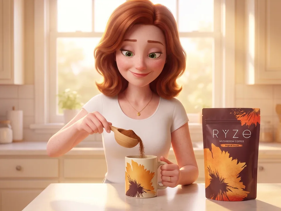 Two friends laughing over mugs of RYZE, the pouch on the table between them
